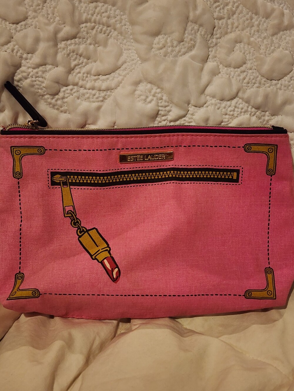 Estee Lauder Pink Cosmetic Bag with Lipstick Print Nwot